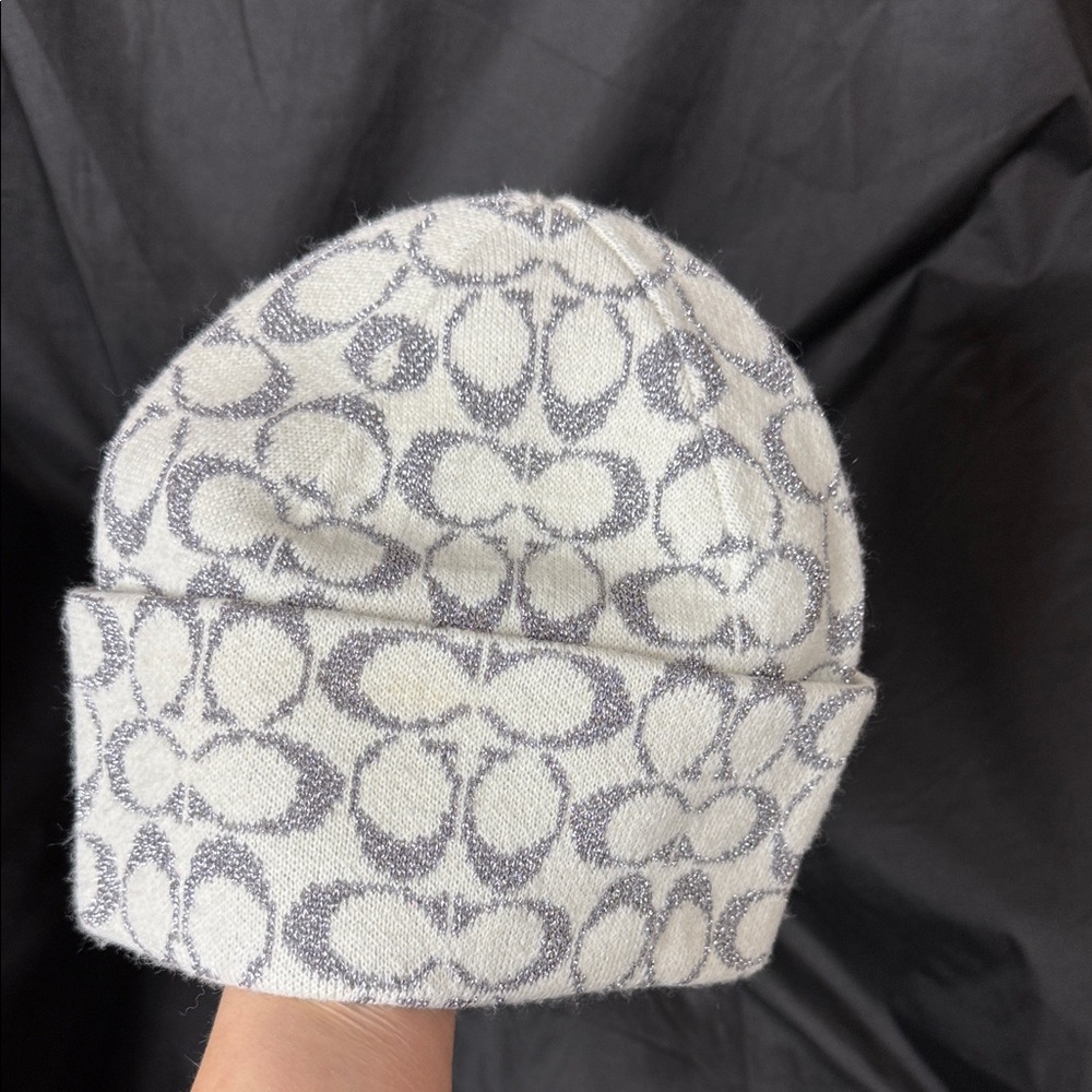 Coach White and Gray Patterned Beanie